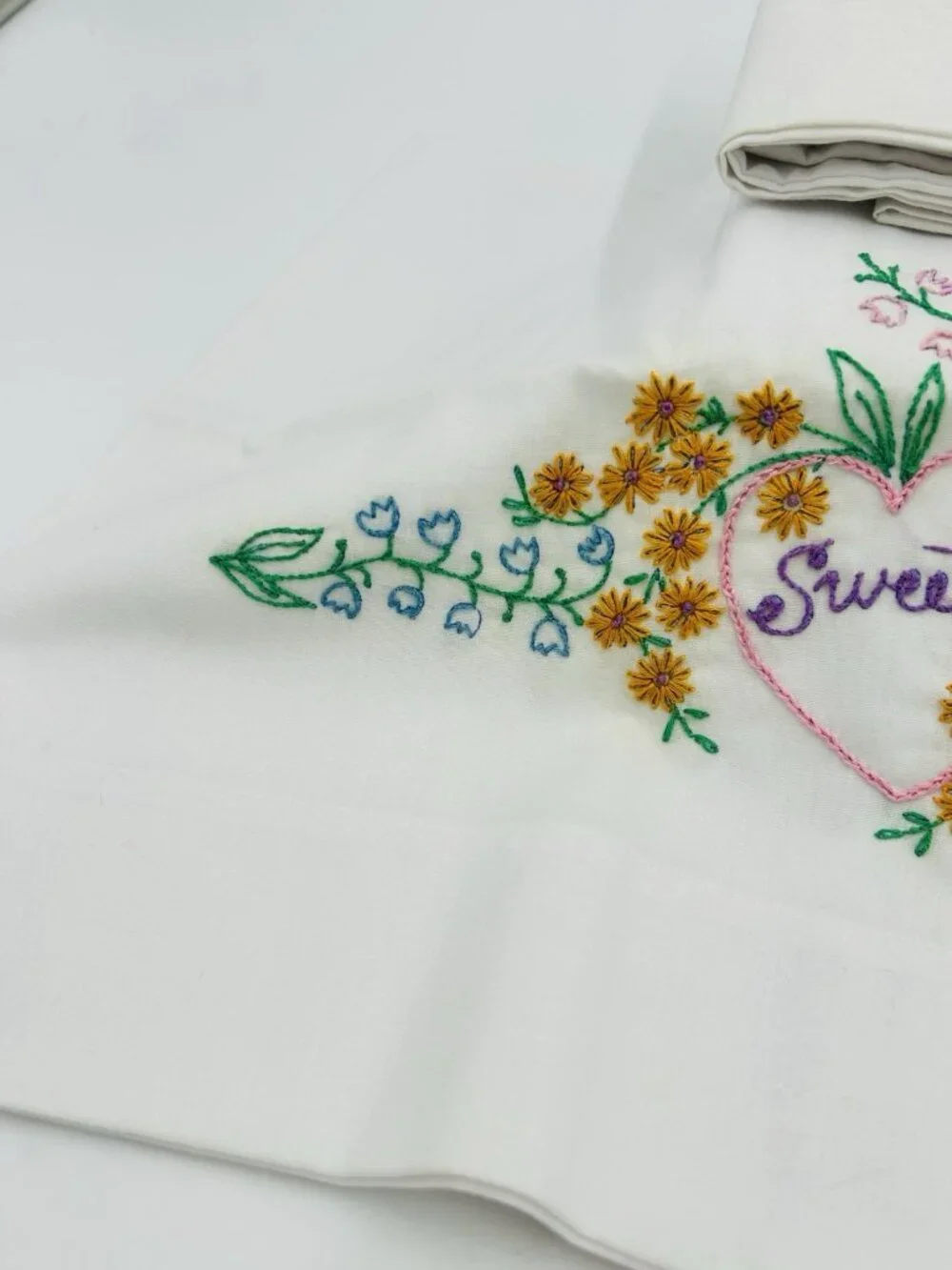 Vintage Hand Embroidered Pillowcases Pair Standard White Floral SWEET DREAMS